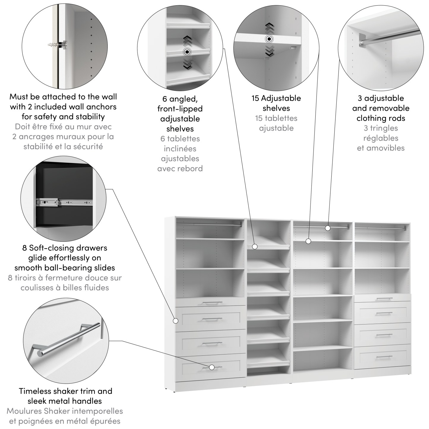 Système de pièce-penderie modulaire Florence de Bestar de 132 po avec tiroirs et tablettes pour chaussures de style Shaker - blanc
