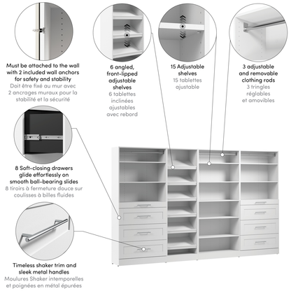 Système de pièce-penderie modulaire Florence de Bestar de 132 po avec tiroirs et tablettes pour chaussures de style Shaker - blanc