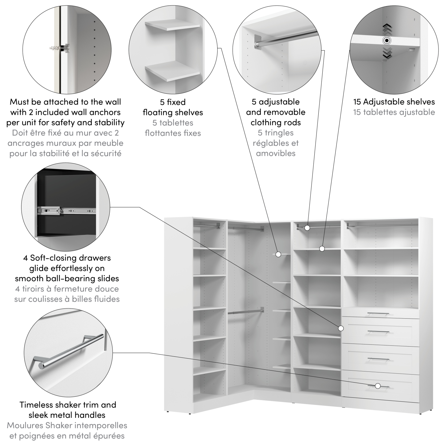 Système de pièce-penderie en forme de L modulaire Florence de Bestar de 95 po avec tringles, tablettes et tiroirs de style Shaker - blanc