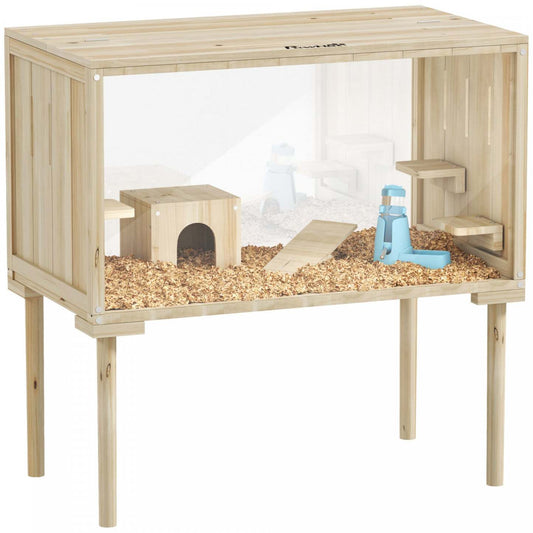 Pawhut Grande Cage à Hamster, Cage en Bois de 28 pouces pour Syrien, Nain, Gerbille, Habitat de Hamster avec Balançoire, Bouteille d'Eau, Gamelle, Cabane, Panneau Transparent pour Observation Facile