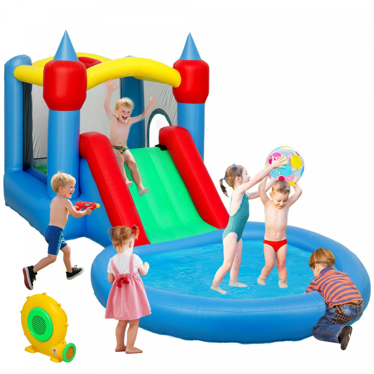 Qaba 13.6 X 6.7ft Château Gonflable Pour Enfants, 4 En 1 Maison Gonflable Avec Toboggan Aquatique, Panier de Basket, Piscine à Balles, Souffleur, Sac de Transport, Bouncer Intérieur & Extérieur Pour Les Âges 3-8