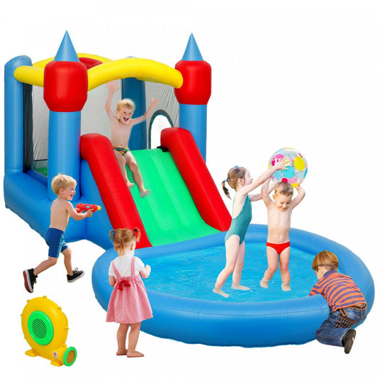 Qaba 13.6 X 6.7ft Château Gonflable Pour Enfants, 4 En 1 Maison Gonflable Avec Toboggan Aquatique, Panier de Basket, Piscine à Balles, Souffleur, Sac de Transport, Bouncer Intérieur & Extérieur Pour Les Âges 3-8