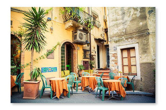 Street Cafe In Taormina 16x24 : Cadre d'art mural et panneau de tissu | Street Cafe In Taormina 16 po x 24 po : Cadre d'art mural et panneau de tissu | D44G1XW0