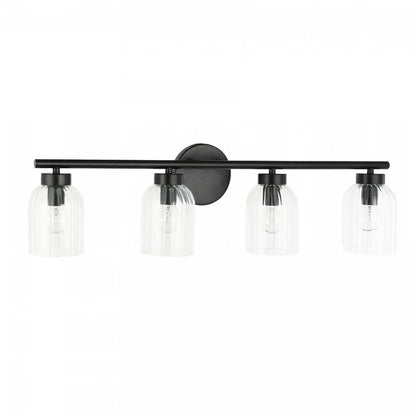 Dainolite Vienna 4 Light Incandescent Vanity Matte Black Clear Ribbed Glass Lamp|Lumière de coiffeuse Vienna de Dainolite en verre orienté transparent, avec fini noir mat et 4 ampoules incandescentes