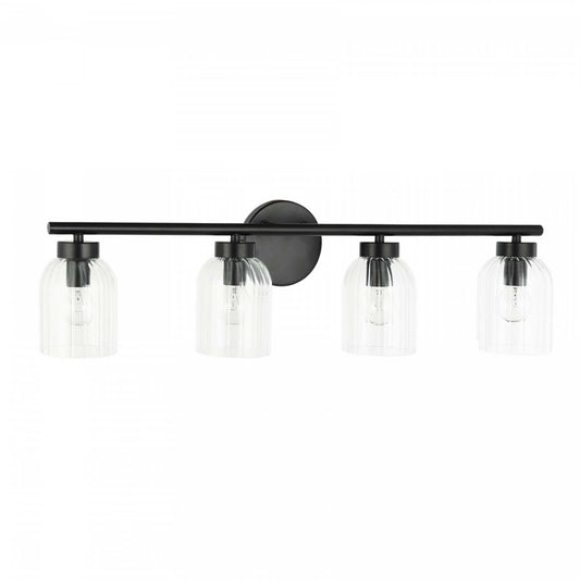Dainolite Vienna 4 Light Incandescent Vanity Matte Black Clear Ribbed Glass Lamp|Lumière de coiffeuse Vienna de Dainolite en verre orienté transparent, avec fini noir mat et 4 ampoules incandescentes