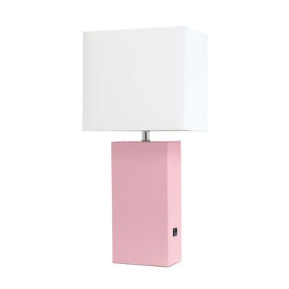 Lampe de table moderne Elegant Designs en cuir avec USB et abat-jour en tissu blanc, rose|Lampe de table moderne Elegant Designs en cuir avec USB, rose|D21E0GKN