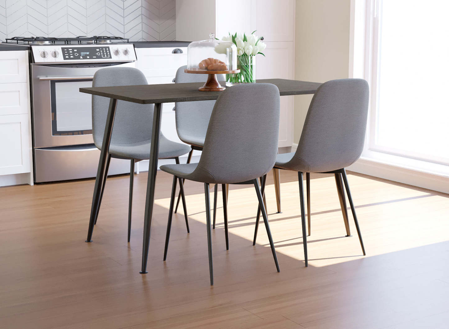 Chaise de salle à manger avec siège en tissu gris et base robuste en métal noir | Chaise de salle à manger avec siège en tissu gris et base robuste en métal noir