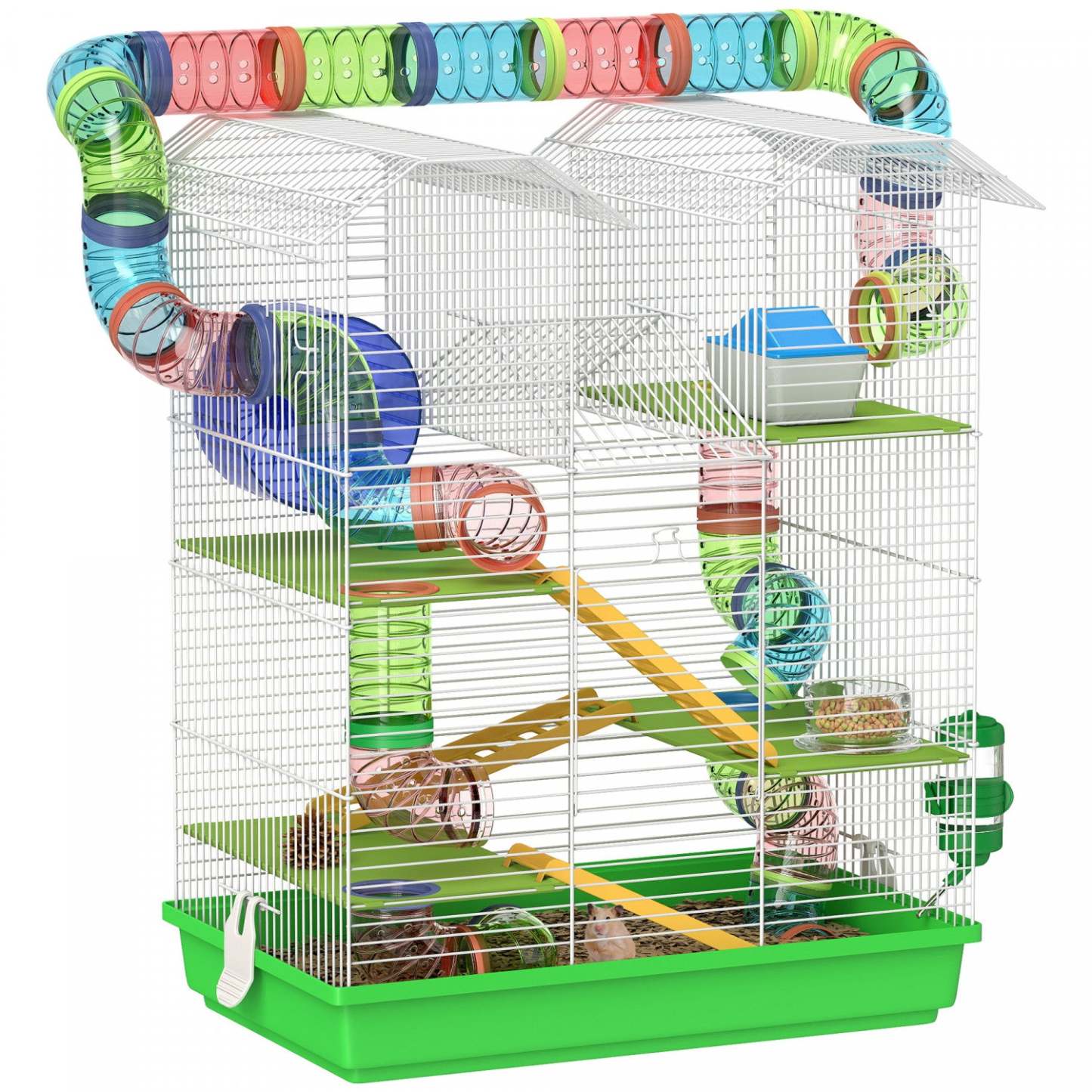 Pawhut 18.5 Cage à Hamster, Maison pour Petit Animal à 5 Niveaux avec Système de Tube de Tunnel, Roue d'Exercice, Bouteille d'Eau, Gamelle, Rampe, Verte