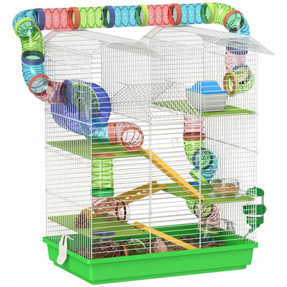 Pawhut 18.5 Cage à Hamster, Maison pour Petit Animal à 5 Niveaux avec Système de Tube de Tunnel, Roue d'Exercice, Bouteille d'Eau, Gamelle, Rampe, Verte