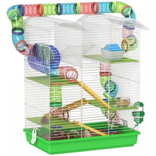 Pawhut 18.5 Cage à Hamster, Maison pour Petit Animal à 5 Niveaux avec Système de Tube de Tunnel, Roue d'Exercice, Bouteille d'Eau, Gamelle, Rampe, Verte