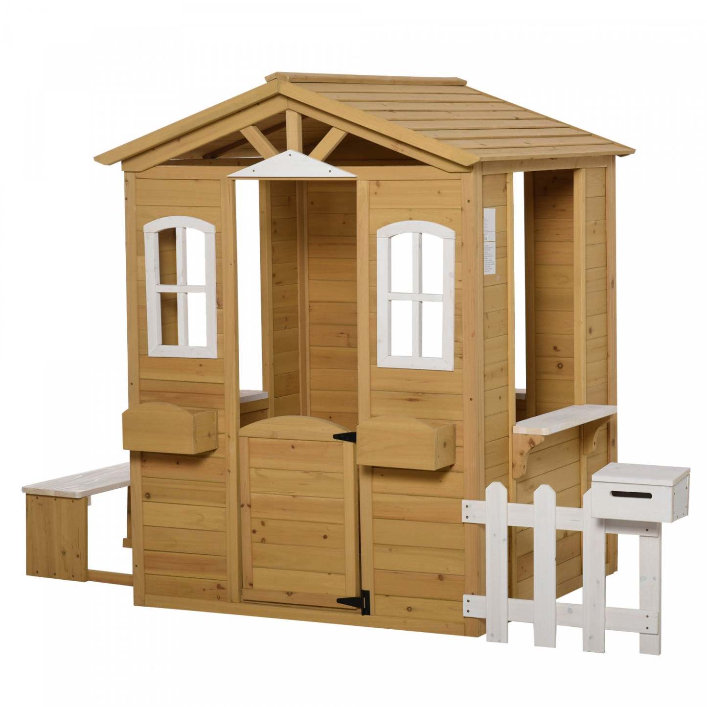 Outsunny Maison De Jeu Pour Enfants D'extérieur Avec Porte Fenêtres Boîte Aux Lettres Porte-pot De Fleurs Station De Service Banc