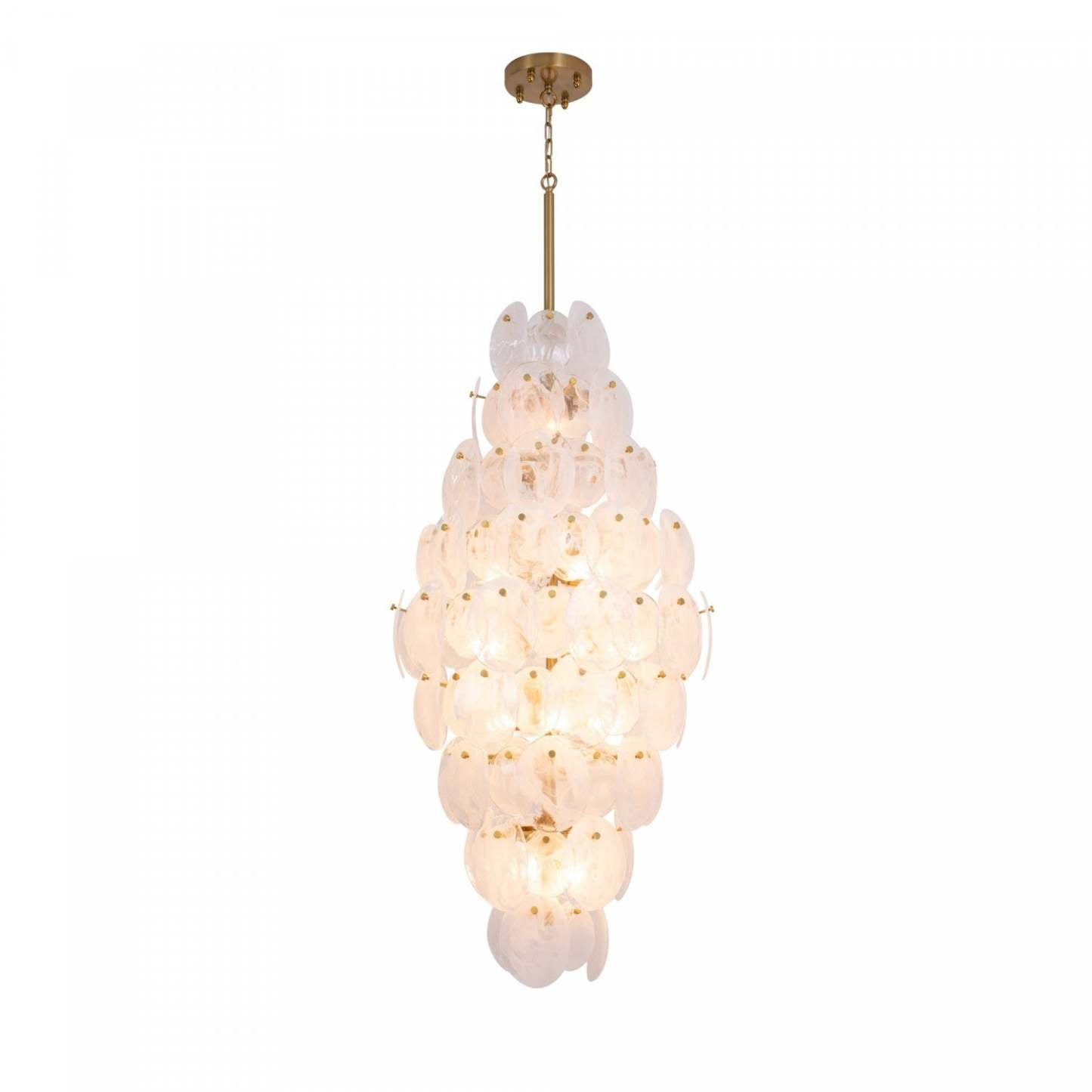 Lustre A 15 lampes Lily, Laiton Brosse Et Verre Genre Murano Blanc Vaporeux