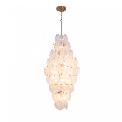 Lustre A 15 lampes Lily, Laiton Brosse Et Verre Genre Murano Blanc Vaporeux