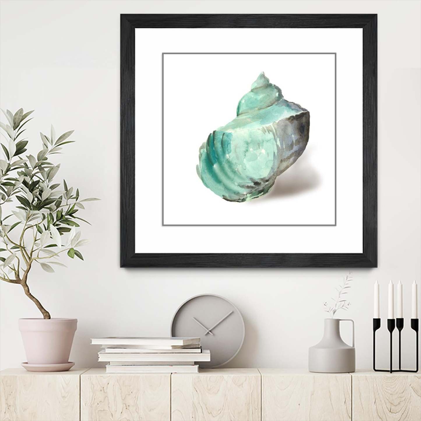 Œuvre murale encadrée noire et mate « Shell In Mint » 30 x 30