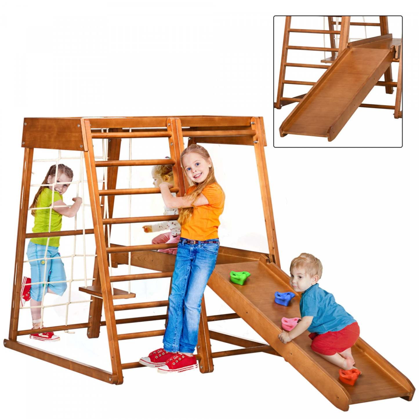 Qaba Aire De Jeux Interieure 6 En 1 Pour Enfants Jungle Gym Avec Toboggan, Mur D'escalade, Grimpeur, Barres De Singe