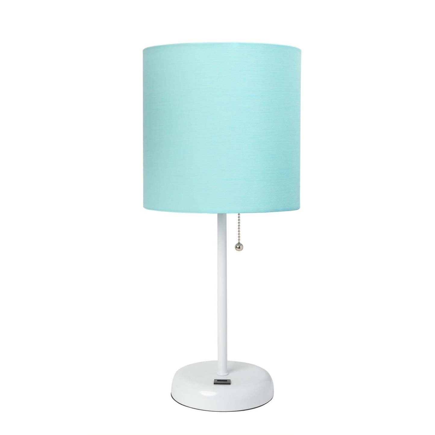 Limelights White Stick Lamp with Usb Charging Port And Fabric Shade, Aqua  Table Lamp|Lampe de table Limelights turquoise avec pied mince blanc et port de recharge USB|D21N4ONH
