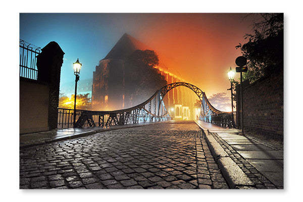 Magnifique vue du pont de la vieille ville la nuit : cadre et panneau de tissu 16 x 24 po | Magnifique vue du pont de la vieille ville la nuit 16 po x 24 po : cadre d'art mural et panneau de tissu | D44GMNNO
