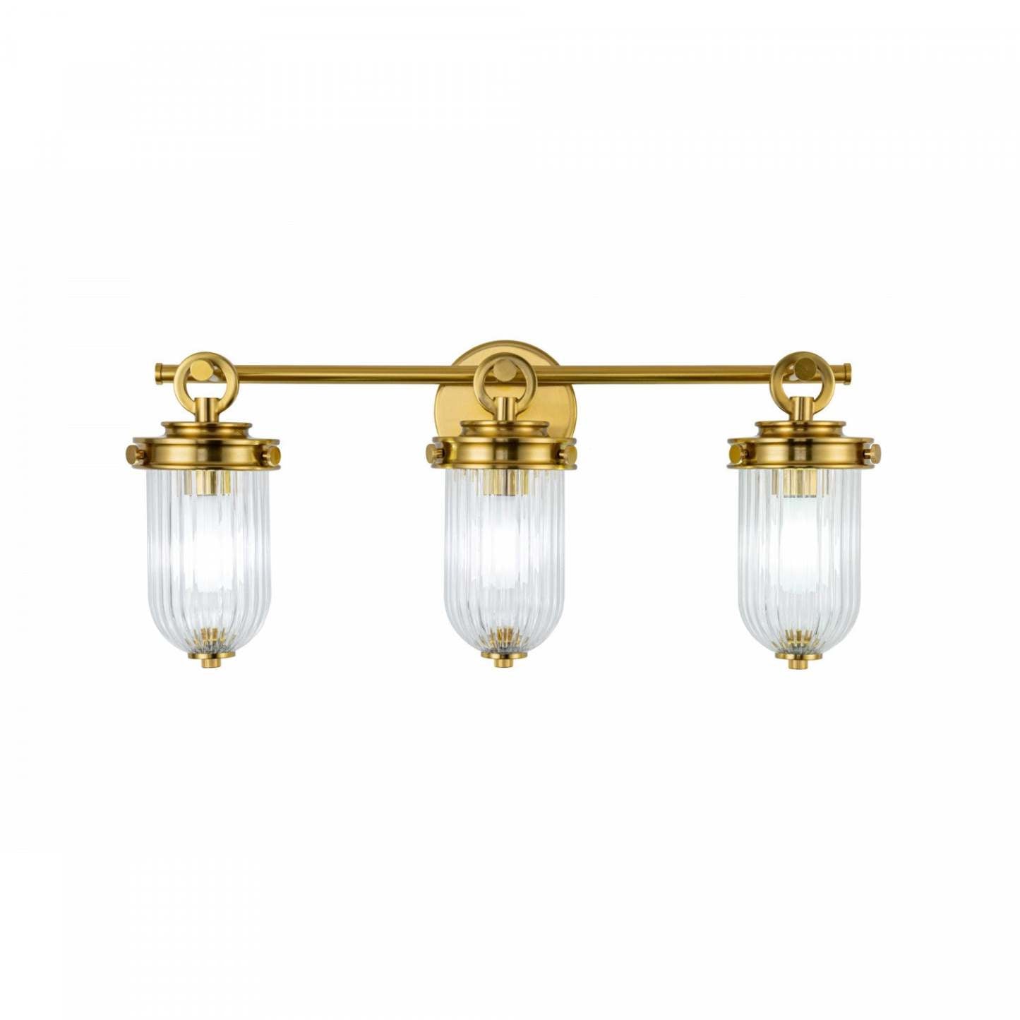 Salle de bains Myla à 3 lumières, laiton vintage avec lampe en verre nervuré | Luminaire De Salle De Bain A 3 lampes Myla, Laiton Retro Et Verre Nervure