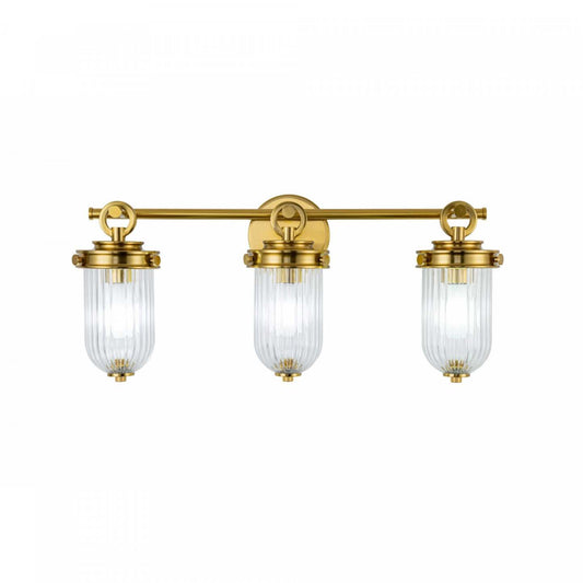 Salle de bains Myla à 3 lumières, laiton vintage avec lampe en verre nervuré | Luminaire De Salle De Bain A 3 lampes Myla, Laiton Retro Et Verre Nervure