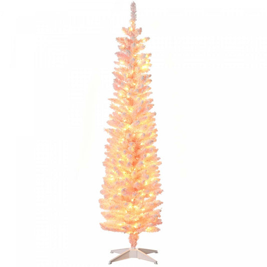 Homcom Sapin de Noël artificiel floqué mince de 6' avec lumière, rose | Homcom Sapin de Noël Artificiel Floconné de Neige de 6 Pi avec Lumière, Rose