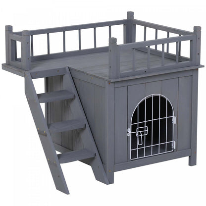 Pawhut Maison Pour Animaux à 2 Niveaux Pour Chats et Chiens Miniatures, Abri en Bois Pour Chat Avec Enclos, Balcon|Pawhut Abri Pour Chats En Bois, Extérieur, simulation Et Surélevé, À Deux Niveaux, Avec Balcon, Gris