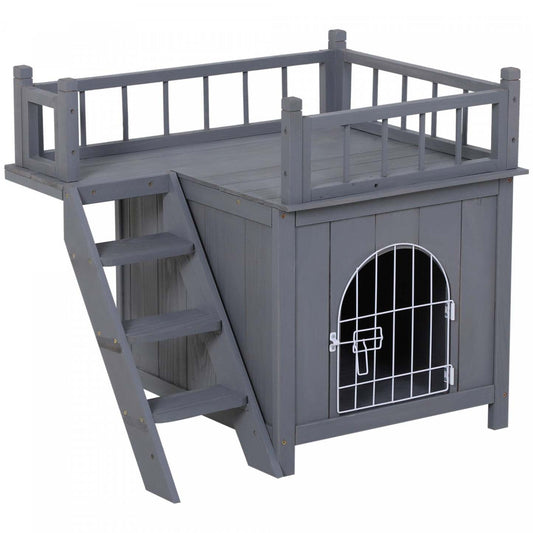 Pawhut Maison Pour Animaux à 2 Niveaux Pour Chats et Chiens Miniatures, Abri en Bois Pour Chat Avec Enclos, Balcon|Pawhut Abri Pour Chats En Bois, Extérieur, simulation Et Surélevé, À Deux Niveaux, Avec Balcon, Gris