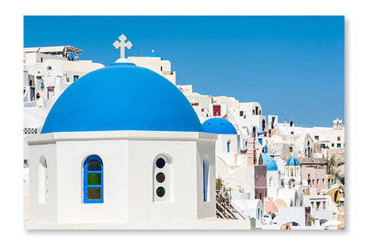 Dômes bleus à Oia – Santorin 28 x 42 cadre mural et panneau en tissu | Blue Domes In Oia - Santorin 28 po x 42 po : Cadre d'art mural et panneau de tissu|D44GDJJ6