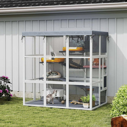 Catio extérieur pour chats Pawhut, 71 grande maison en bois pour chats avec toile imperméable, cage pour chat avec hamac, condo, plateformes, échelles, rampes, pour 2-4 chatons, gris