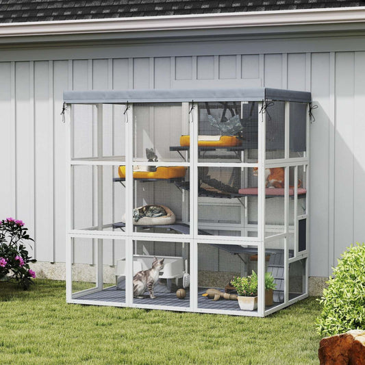 Catio extérieur pour chats Pawhut, 71 grande maison en bois pour chats avec toile imperméable, cage pour chat avec hamac, condo, plateformes, échelles, rampes, pour 2-4 chatons, gris