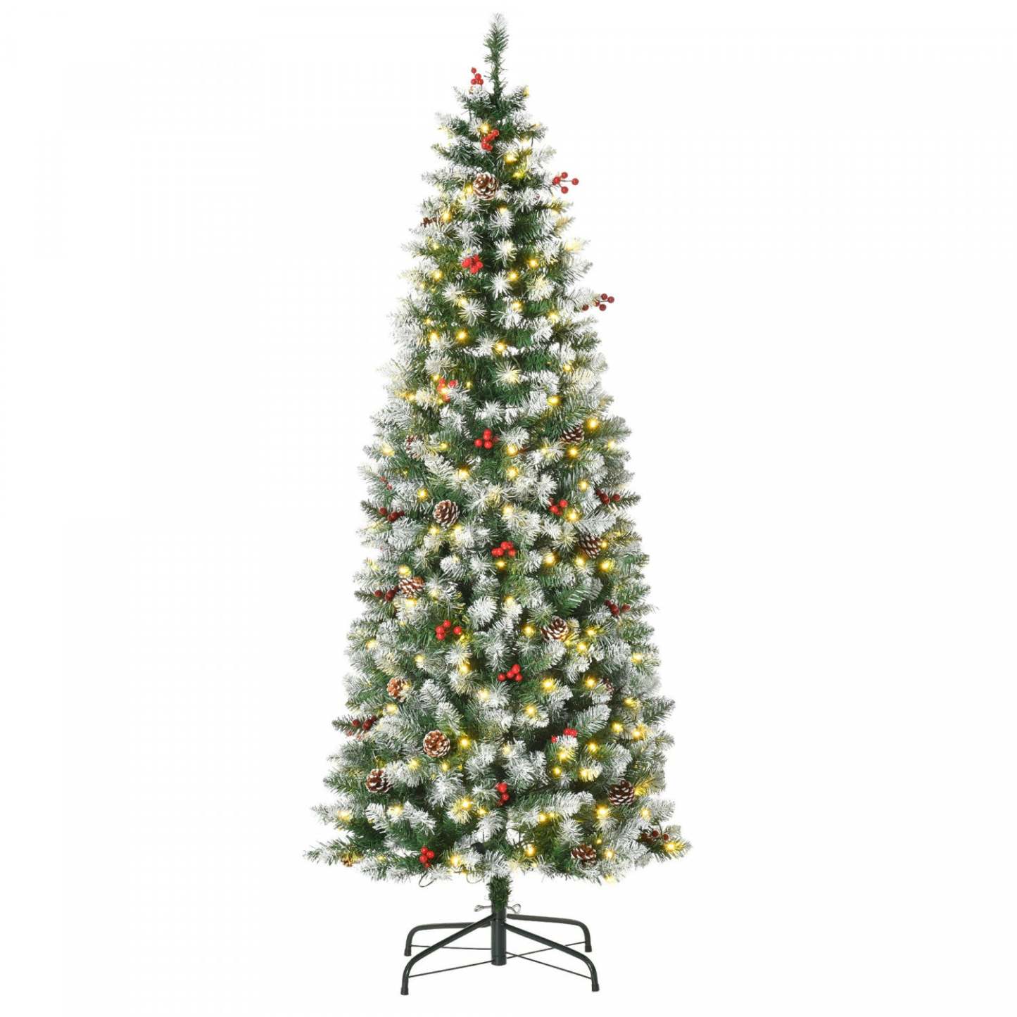 Homcom 6' Pré-éclairé Arbre de Noël Artificiel Flocké avec Pignes, Baies | Homcom Arbre de Noël Artificiel 300 Lumières LED et 618 Embouts
