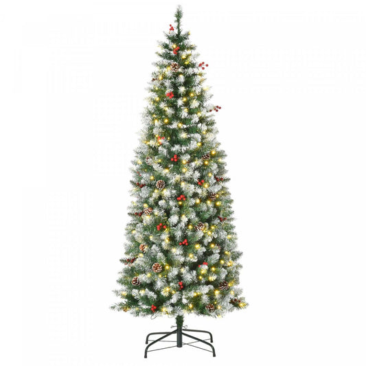 Homcom 6' Pré-éclairé Arbre de Noël Artificiel Flocké avec Pignes, Baies | Homcom Arbre de Noël Artificiel 300 Lumières LED et 618 Embouts