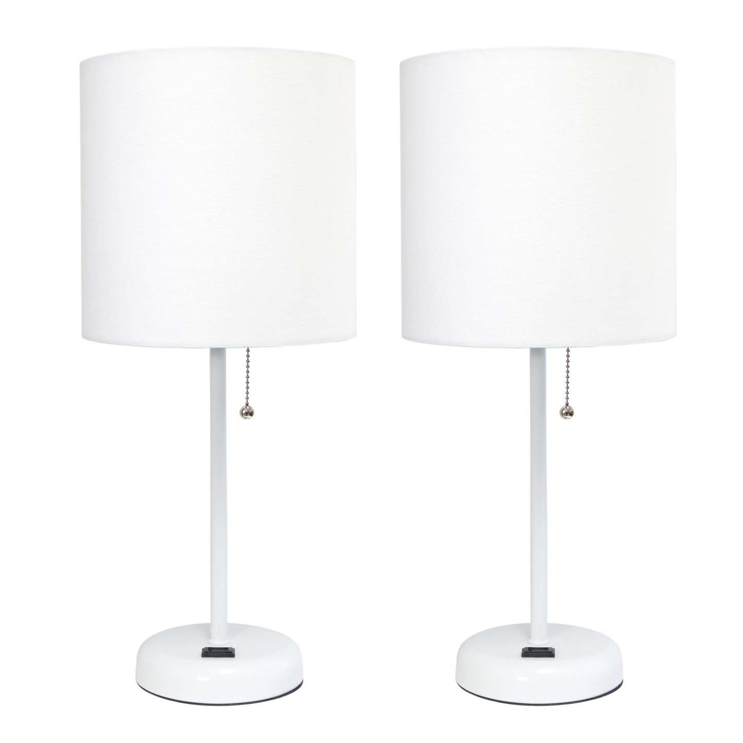 Limelights Ensemble 2 lampes blanches avec prise de recharge et abat-jour en tissu, Ensemble de lampes blanches|Ensemble 2 lampes Limelights blanches avec pied mince blanc et prise de recharge|D213M27U