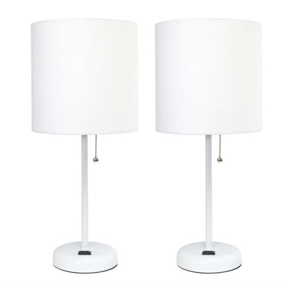 Limelights Ensemble 2 lampes blanches avec prise de recharge et abat-jour en tissu, Ensemble de lampes blanches|Ensemble 2 lampes Limelights blanches avec pied mince blanc et prise de recharge|D213M27U