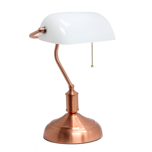 Lampe de bureau/de travail de type banquier Simple Designs avec abat-jour en verre blanc, or rose|D2155N5G