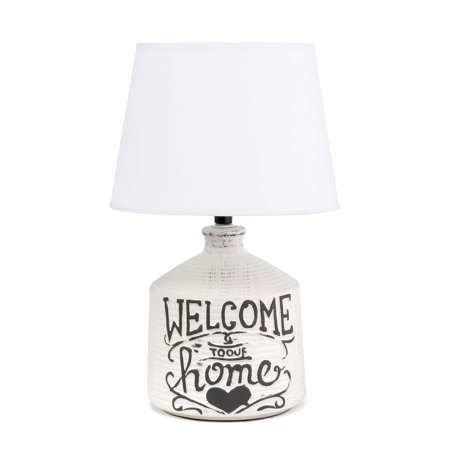 Simple Designs Welcome Home Rustic Ceramic Farmhouse Foyer Entryway Accent Table Lamp with Fabric Shade|Lampe de table d'entrée Simple Designs en céramique style champêtre avec écriture « Welcome Home » |D21XS2PU