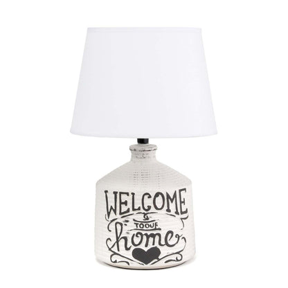 Simple Designs Welcome Home Rustic Ceramic Farmhouse Foyer Entryway Accent Table Lamp with Fabric Shade|Lampe de table d'entrée Simple Designs en céramique style champêtre avec écriture « Welcome Home » |D21XS2PU