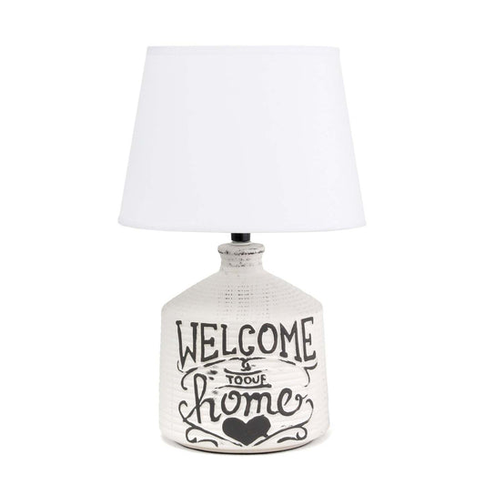 Simple Designs Welcome Home Rustic Ceramic Farmhouse Foyer Entryway Accent Table Lamp with Fabric Shade|Lampe de table d'entrée Simple Designs en céramique style champêtre avec écriture « Welcome Home » |D21XS2PU