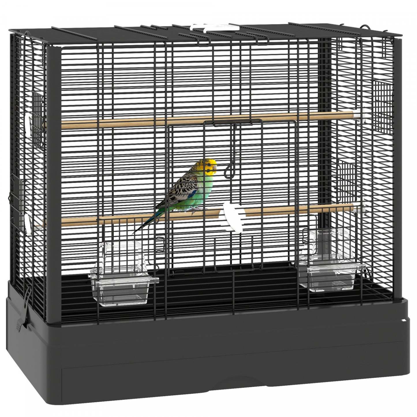 Pawhut 22 Cage à Oiseaux Pour Perruche, Pinsons, Canaris, Perroquets Amoureux, Grande Cage à Perroquet Avec Supports en Bois, Plateau Amovible, Poignée, Contenants Alimentaires, Noir