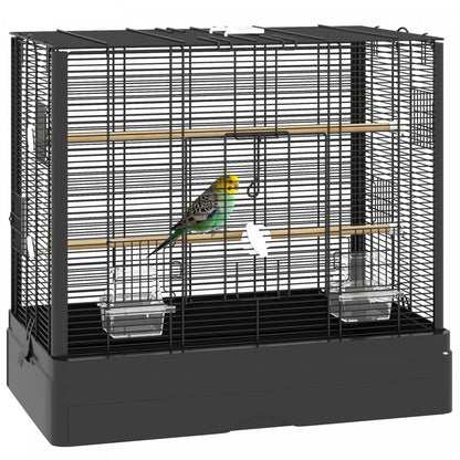 Pawhut 22 Cage à Oiseaux Pour Perruche, Pinsons, Canaris, Perroquets Amoureux, Grande Cage à Perroquet Avec Supports en Bois, Plateau Amovible, Poignée, Contenants Alimentaires, Noir