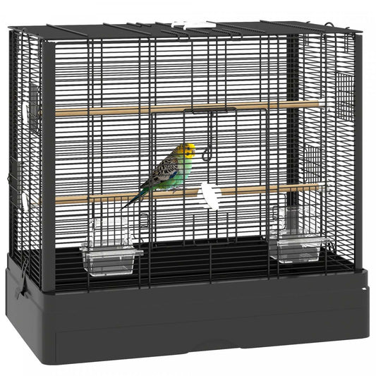 Pawhut 22 Cage à Oiseaux Pour Perruche, Pinsons, Canaris, Perroquets Amoureux, Grande Cage à Perroquet Avec Supports en Bois, Plateau Amovible, Poignée, Contenants Alimentaires, Noir