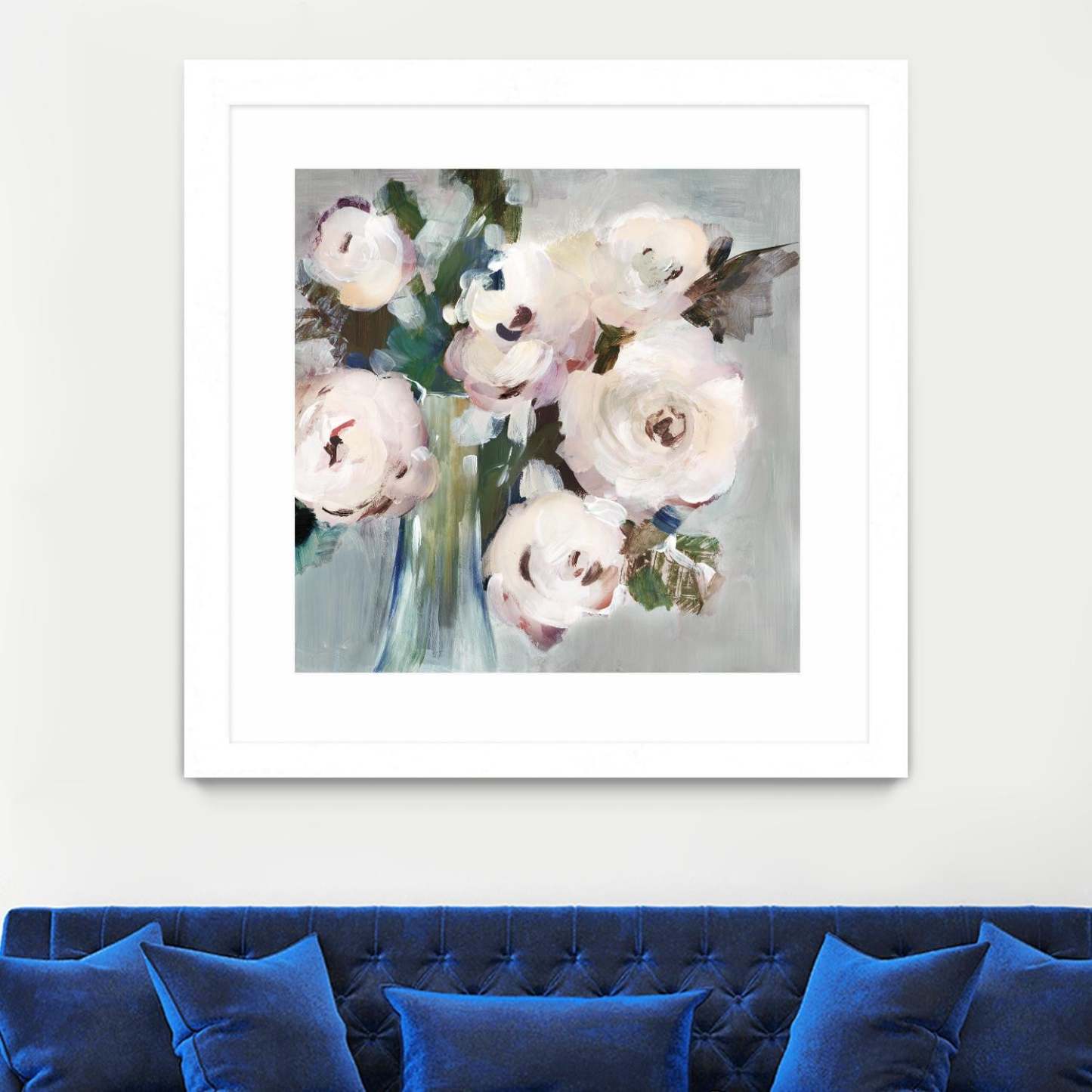 Bouquet Rose Pâle I Matted and Framed White 36x36 Wall Art|Œuvre d'art murale imprimée blanche et mate « Bouquet Rose Pâle I » 36 x 36