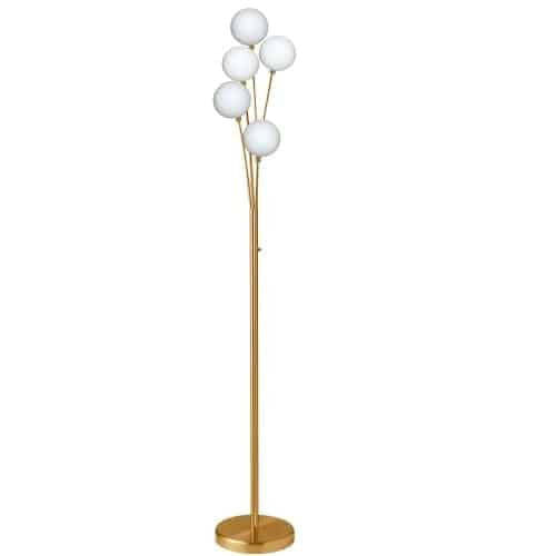 Dainolite Budding Branch 5 Light Lampadaire Finition Laiton Vieilli Verre Blanc|Lampe à pied Budding Branch de Dainolite en verre blanc, avec fini laiton vieilli et 5 ampoules