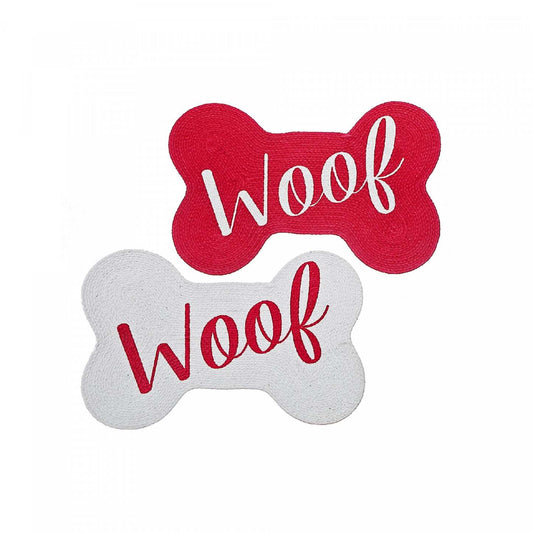Tapis de sol pour animaux « Woof » en forme d'os en coton tressé - ensemble de 2 tapis de sol