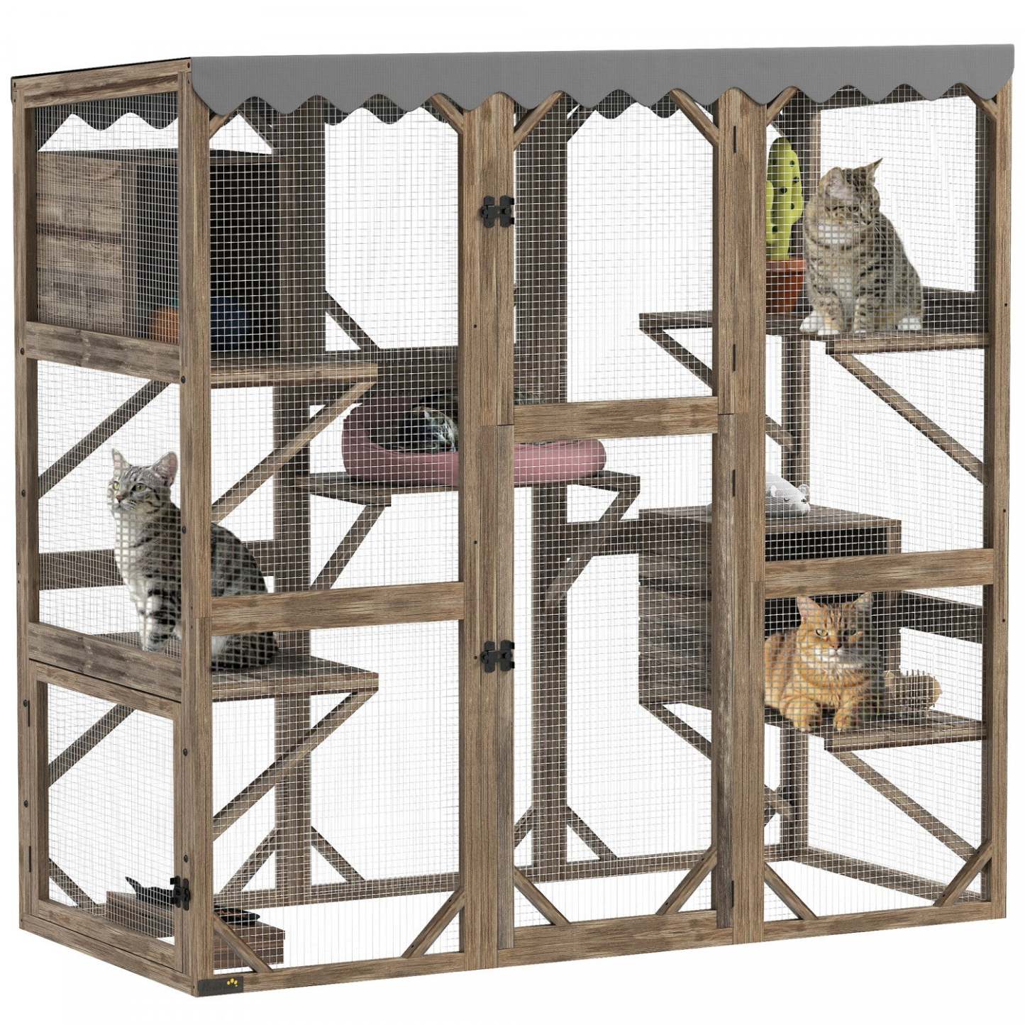 Pawhut Catio, Enclos extérieur pour chats avec couverture imperméable, 2 condos relaxants, 5 plateformes, boîte à fenêtre en bois pour plusieurs chatons, 59 X 28 X 59, marron