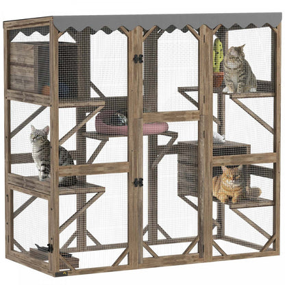 Pawhut Catio, Enclos extérieur pour chats avec couverture imperméable, 2 condos relaxants, 5 plateformes, boîte à fenêtre en bois pour plusieurs chatons, 59 X 28 X 59, marron