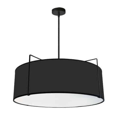 Dainolite Trapezoid 4 Light Pendant Drum Black Shade White Fabric Diffuser Lamp|Luminaire suspendu Trapezoid de Dainolite avec abat-jour cylindrique noir qui diffuse la lumière, tissu blanc et 4 ampoules