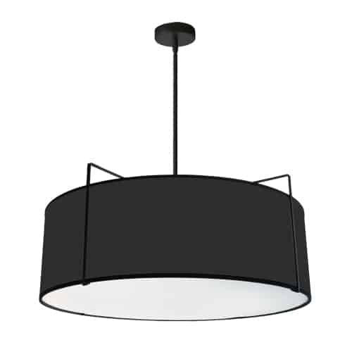 Dainolite Trapezoid 4 Light Pendant Drum Black Shade White Fabric Diffuser Lamp|Luminaire suspendu Trapezoid de Dainolite avec abat-jour cylindrique noir qui diffuse la lumière, tissu blanc et 4 ampoules