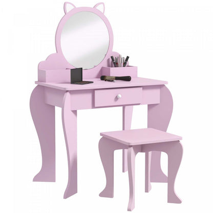 Qaba Table De Vanite Pour Enfants Avec Miroir Et Tabouret, Vanite De Maquillage Pour Enfants De 3 À 6 Ans, Avec Tiroir|Qaba Table De Vanite Pour Enfants, Vanite De Maquillage Avec Miroir Et Tabouret, Conception De Chat,