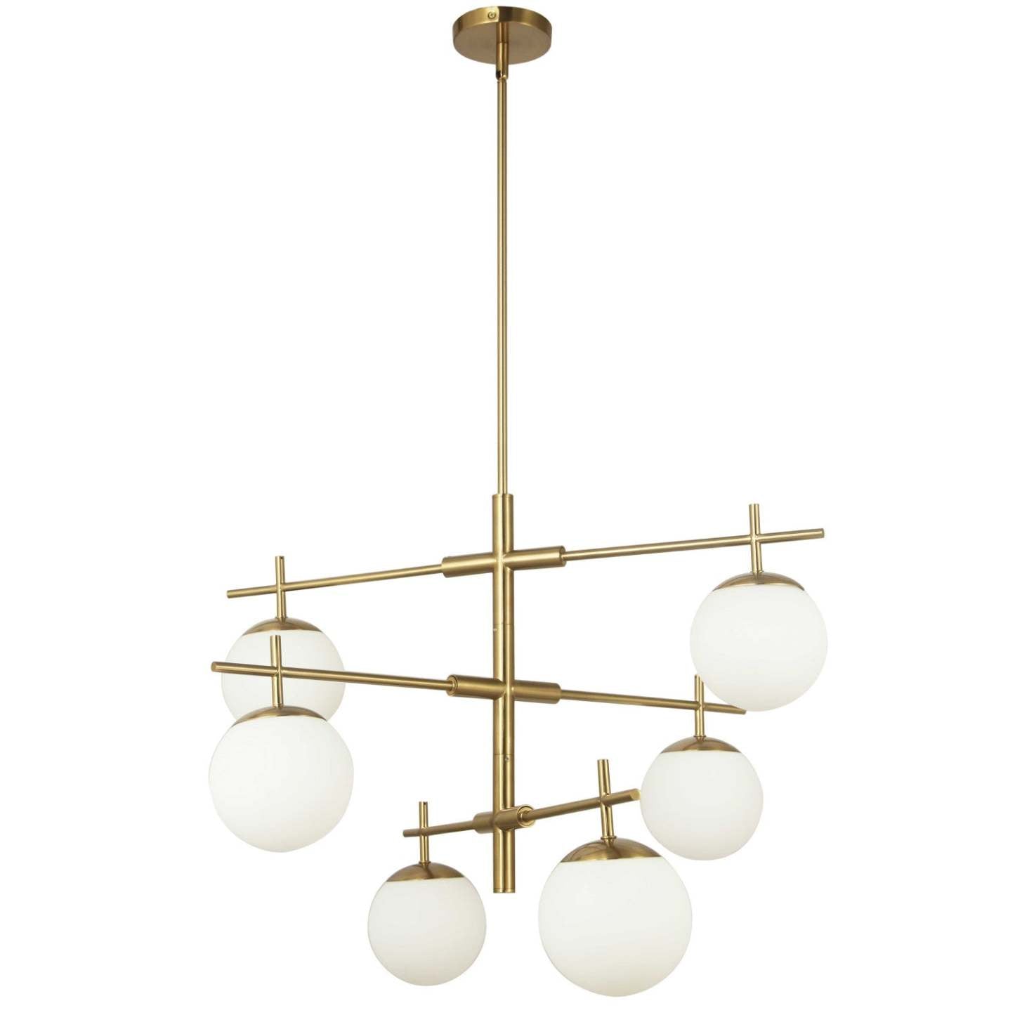Dainolite Caelia 6 Light Chandelier Aged Brass White Opal Glass Lamp|Lustre Caelia de Dainolite en verre blanc opale, avec fini laiton vieilli et 6 ampoules