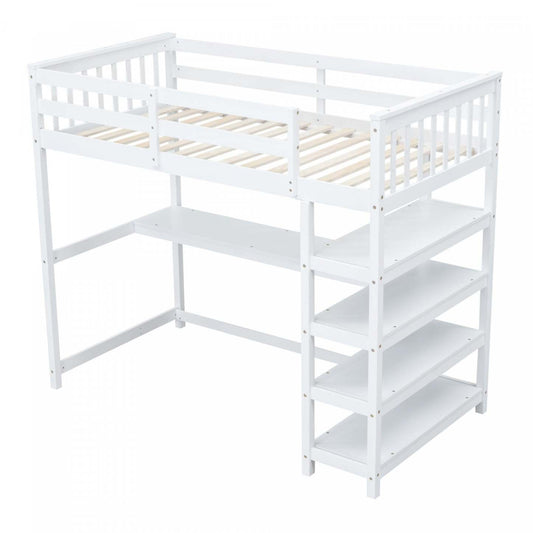 Lit mezzanine simple Victoria en bois massif avec bureau, étagères de rangement et lumière LED - Blanc | Victoria – Lit Mezzanine Simple En Bois Massif Avec Bureau, Etageres De Rangement Et Eclairage Del – Blanc